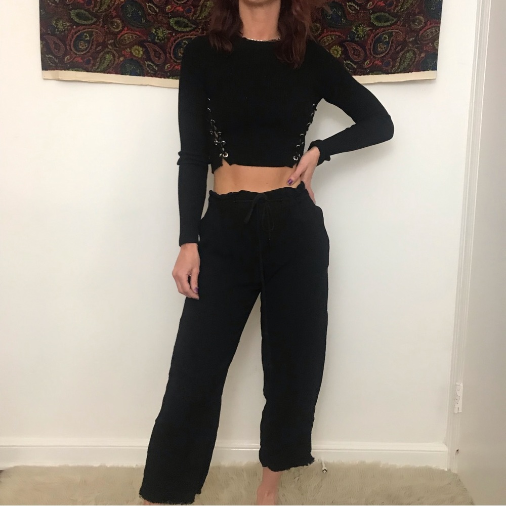 Vince Black Cut Off Raw Hem Straight Leg Drawstring Pants